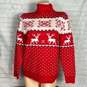 Abollria Red Turtleneck Fair Isle Holiday Reindeer Sweater Knit Size L